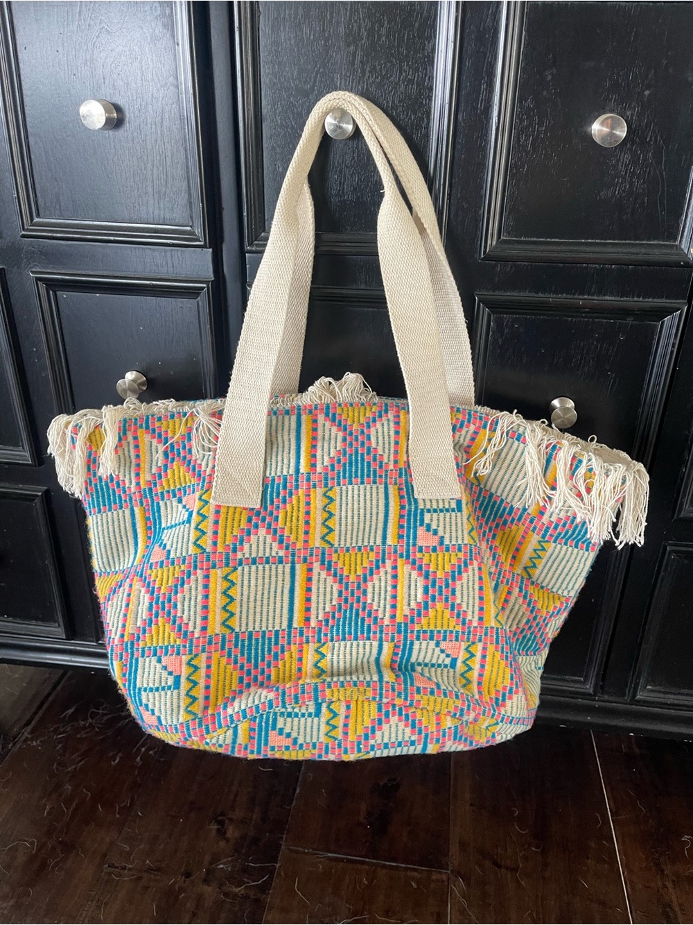 Aerie boho geometric woven fringe tote bag